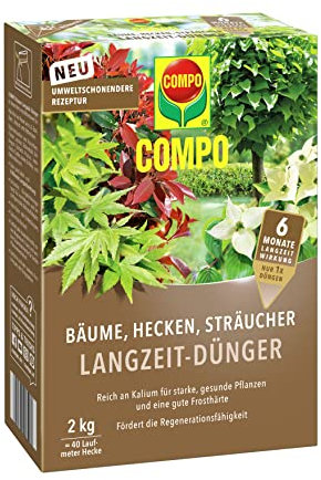 COMPO Bäume, Hecken, Sträucher Langzeit-Dünger, Umweltschonendere Rezeptur, 6 Monate Langzeitwirkung, 2 kg, Für 40 Laufmeter Hecke