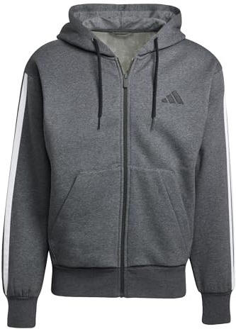 adidas Men's Essential Three Stripes Fleece Zipper Hoodie Sweatshirt, dark grey heather/black, XL