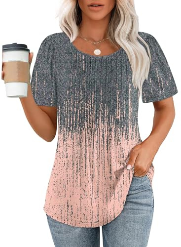 Chicrise Tee Shirt Long Femme Plissé Top Imprimé Floral Casual Tunique Ete Légers 2025 Multicolore 2X Grand 50-54