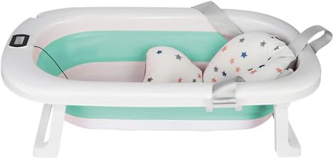 Supfine Bañera plegable para bebé con termómetro digital, alfombrilla de baño ergonómica y ahorra espacio, 0 a 24 meses (verde- 80 x 50 x 23 cm)
