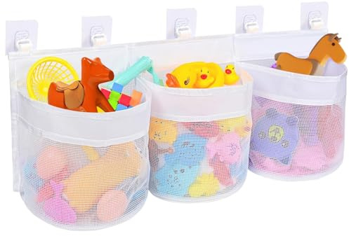 Portagiochi Bagno con 5 Ganci Adesivi & 3 Scomparti, Sacchi Organizzatore Giochi Bambini per Riporre Organizzare Giocattolo Rapida, Borsa Porta Giocattoli Appendere per Vasca,Doccia,Bagnetto (Bianco)