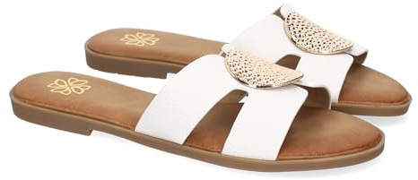 shoes&blues.es 92061 Sandalia Planas de Mujer, Comodas y Elegantes con Diseno Moderno con Adorno en la Pala, Ideales para Primavera-Verano. Blanco Talla 40