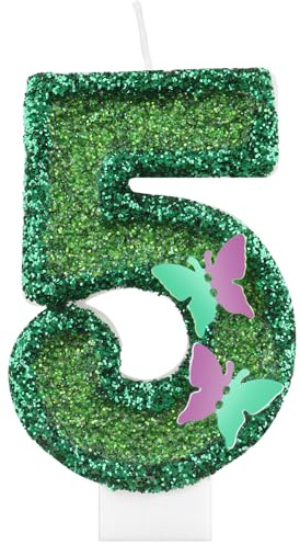 Velas de 5 cumpleaños de mariposa con purpurina, velas de mariposa verde número 5 para pasteles, decoraciones de cumpleaños número 5 para niñas, velas de hadas temáticas de mariposa, decoración de