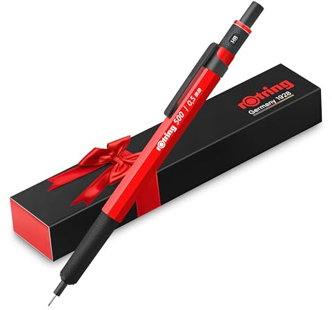 rOtring 500 Mechanical Pencil | 0.5mm HB Lead | Red hexagonal plastic barrel and non-slip textured metal grip