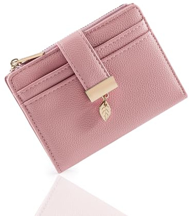 Pomelo Best Women's RFID Wallet - Vegan Leather Bi-fold Small Ladies Purse with Zipper Coin Pocket & ID Window - Leaf Charm Compact Wallet for Women
