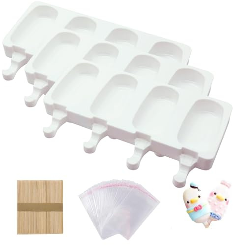 Popsicle Molds Set of 3, Large Cakesicles Silicone Mould Ice Cream Mold Oval Cake Pop Mold with 50 Wooden Sticks, 50 Bags for DIY Popsicle (White)