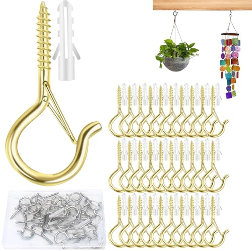 AGOISET 30 piezas alcayatas roscadas, ganchos de techo Con hebilla de seguridad, para colgar objetos, plantas, pajareras, campanillas de viento y luces de hadas para exteriores (Oro)