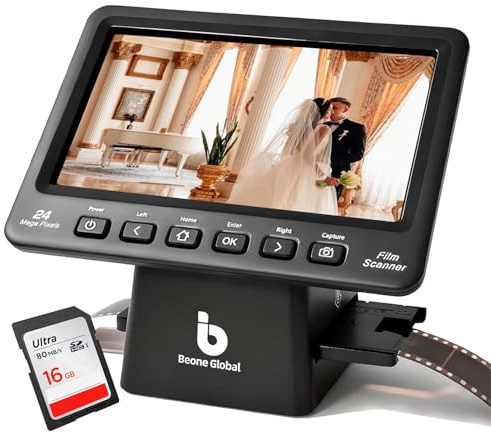 BEONEGLOBAL ClearScan P7 - Escáner de película con tarjeta SD, LCD de 7 pulgadas, versión mejorada, 24 MP de alta resolución de 35 mm/135/126/110/Super 8 convertidor de película y diapositivas