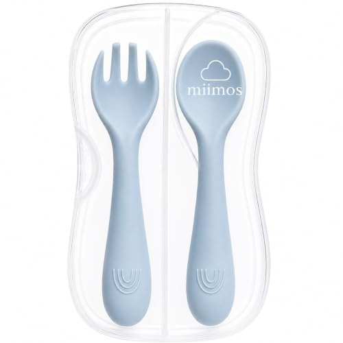 miimos Cubiertos Bebé Silicona BLW con Estuche de Viaje | Cuchara y Tenedor Ergonómicos Sin BPA | Set Guardería y Aprendizaje Autónomo (AZUL)