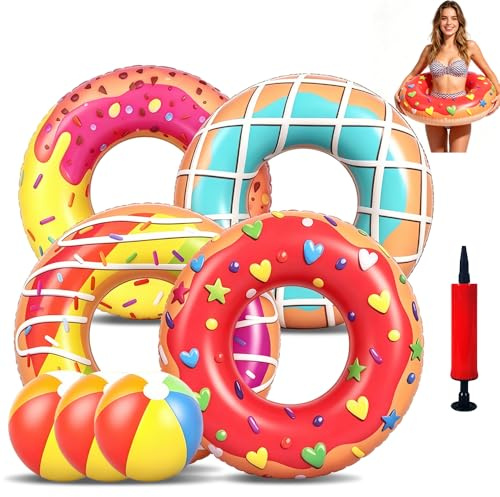 4 Pack Swimming Rings for Kids Adults, Pool Inflatables Swimming Rings with 3 Pcs 40CM Beach Balls 1 Pcs Air Pump, Pool Float Swim Tubes for Swimming, Swim Raft, Summer Beach Games, Party Decoration