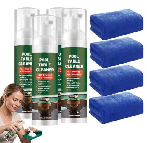 Table Cloth Dust Removal Care Solution, Gentle Foam Billiard Tables Cleaner Spray with Towel, Fast-Drying & Deep Cleaning Pool Table Cleaner, No Residue Restores Smooth Surface,Easy to Use (4pcs)
