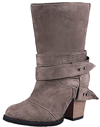 Stövlar brett skaft dam cowboystövlar medium hög med blockklack | Västerländska stövlar dam mocka bältesspänne vintage slip-stövlar bekväma övergångsstövlar varma halvstövlar