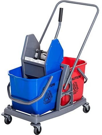 HOMCOM Carro de Limpieza Profesional Carro de Fregado de Metal con 2 Cubos de 25 litros Extraíbles Escurridor Prensa Manual y 4 Ruedas 73x45x92 cm Rojo y Azul