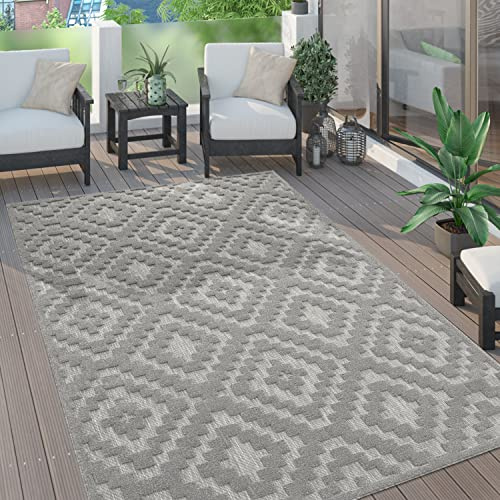 Paco Home Outdoor Teppich wetterfest & langlebig Moderne Boho-Designs mit 3D-Effekt Skandi-Look UV-beständig & robust für Balkon, Garten, Wohnzimmer & Küche, Grösse:60x100 cm, Farbe:Grau 2
