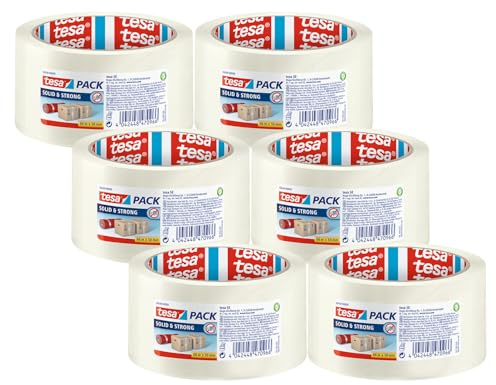 tesapack Solid & Strong - Easy to Unroll Packaging Tape / Packaging Tape for Secure Sealing of Packages - Transparent - 6 x 66m: 50mm