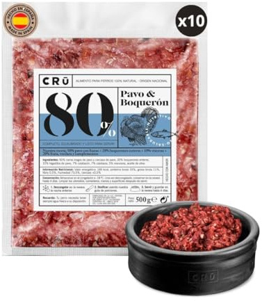 CRU - Dieta Barf para Perros de Pavo y Boquerón - Comida Natural Perros Cruda y Congelada - Comida para Perros Pequeños y Grandes - 10 Paquetes de 500g (10 Paquetes, Pavo & Boquerón)