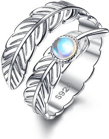 Krfy Silber 925 Damen Breit Verstellbar Daumenring mit Engelsflügeln und Mondstein