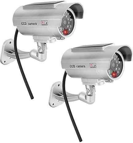 Twilight Garage 2 Packs Dummy Camera Waterproof Bullet Simulated CCTV Fake Security Camera with Flashing Red LED Light & Warning Security Alert Sticker, Indoor Outdoor Use(Silver)