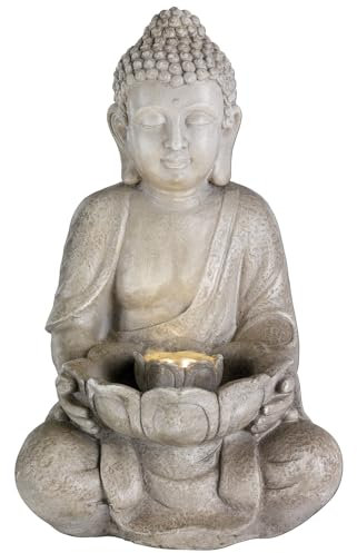 LED Brunnen Buddha Gartenbrunnen aus GRC Beton Zierbrunnen für Garten Terrasse 6 warmweiße LED H: 45cm für Innen und Außen grau