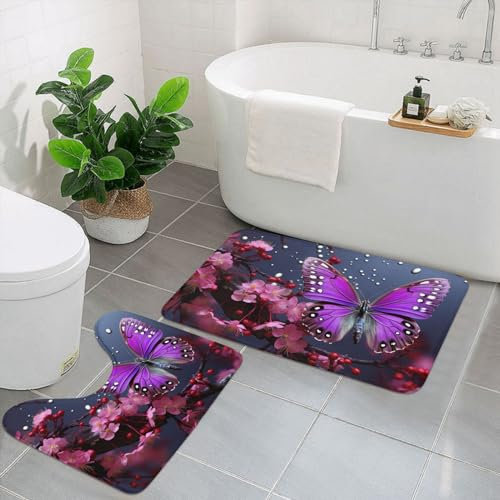 NONHAI Badezimmerteppich-Set, 2-teilig, rutschfeste Badematte für Badezimmer, weich, saugfähig, Badteppich, violett, Pflaume, Schmetterling, Bodenmatte, waschbar, Duschvorleger für Badezimmerboden,