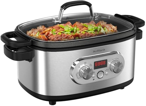 Anfilank - Olla de cocción lenta programable 10 en 1 con temporizador, 6.8 cuartos de galón, preestablecidos para cocinar al aspiradora, hornear, saltar, cocinar arroz y más, olla de acero inoxidable