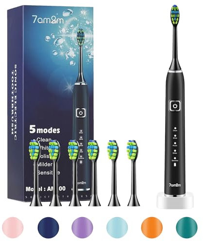 7AM2M Sonic Electric Toothbrush with 6 Brush Heads for Kids and Children, One Charge for 90 Days, Wireless Fast Charge, 5 Modes with 2 Minutes Build in Smart Timer, Electric Toothbrushes(Black)