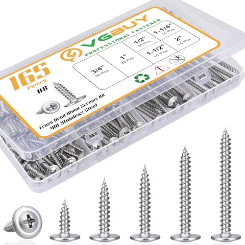 VGBUY 165Pcs #8 Modified Truss Head Wood Screws Assortment Kit, Stainless Steel 410 Quick Metal Self Tapping Screws, 6 Sizes (1/2, 3/4, 1, 1-1/4, 1-1/2, 2)