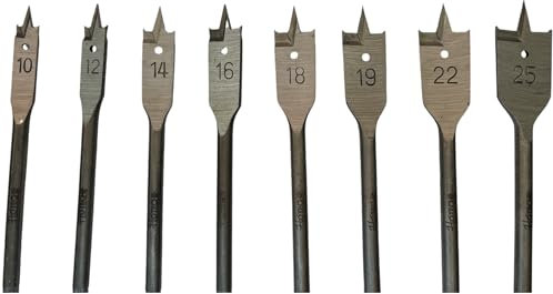 Set Punte Trapano Legno 8 Pezzi | Mecchie Piatte 10–25 mm in Acciaio al Carbonio, Punta a Paletta per Falegnameria, Fai da Te e Lavori in Legno