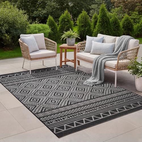 the carpet Calgary - Outdoor Teppich Wetterfest für Balkon & Terrasse, Robuster Flachgewebe Teppich für Garten, Pflegeleicht In- & Outdoor, Boho Vintage Design, Anthrazit, 200 x 280 cm