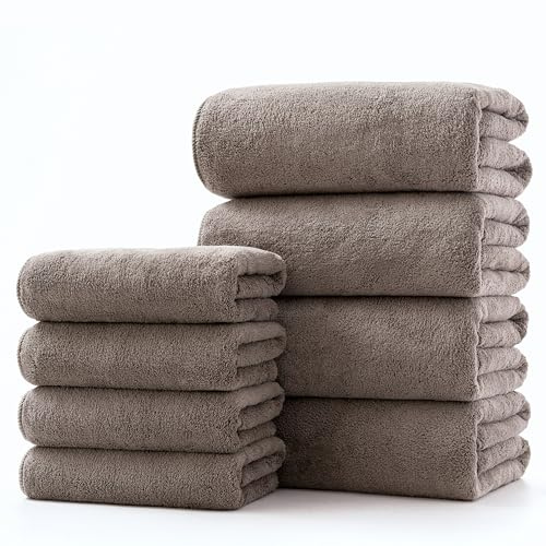 Lumimi Towel Set of 8 Very Soft Microfiber 4 Bath and 4 Hand Towels Quick Dry Light Weight for Bathroom Gym Salon, 8 Pack Grey Brown