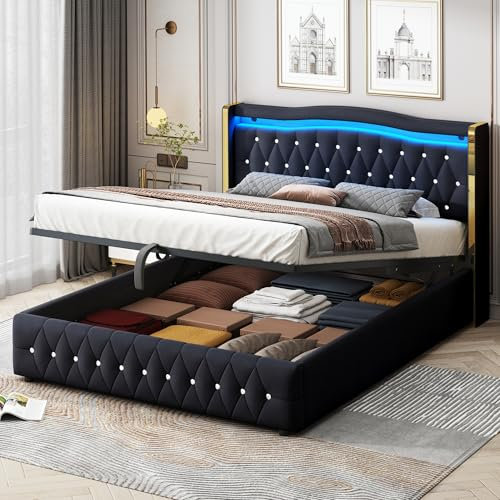 Ymkua Letto Imbottito Matrimoniale 160x200cm, Con Contenitore e LED Illuminazione, Struttura Idraulica Con Testata e Rete a Doghe in Legno, Samt, Nero, Senza Materasso