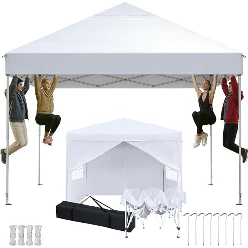 Gazebo Pieghevole 2.5x2.5m, Pop Up Gazebo con Pareti da Giardino Altezza Regolabile, Tenda da Giardino per Matrimoni-Campeggio-Picnic UV50+, Tendoni Impermeabile, Padiglione Con Custodia, Bianco