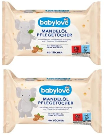 Babylove Mandelölpflegetücher - Sanfte Reinigung Mit Mandelöl & Salbei-Extrakt, für empfindliche Babyhaut & Erwachsene, Alkoholfrei, Feuchtigkeitsspendend 2 x 80 Stück + Halley Bedding Notizblock Set
