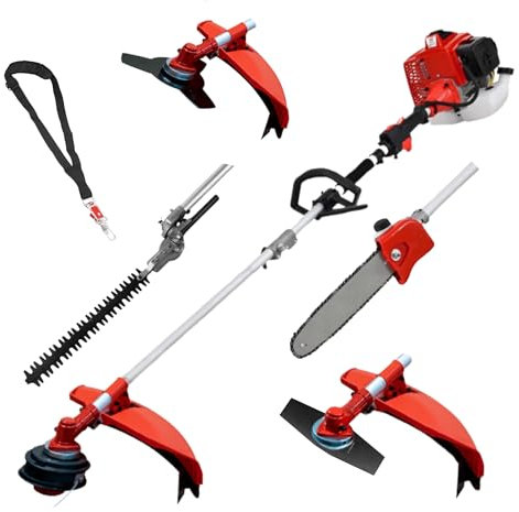 Synergy Desbrozadora Multifunción 5 en 1 65cc 4,9CV – Motor 2T, Motosierra, Cortasetos, Disco, Cabezales, Arnés Profesional y Kit de Protección