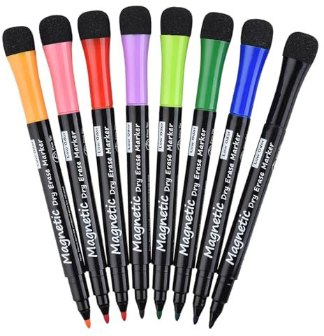 Linkbro Whiteboard Marker mit Schwamm, Magnetische Whiteboard Stifte,Trocknen Folienstifte Abwischbar mit Feine Filzspitze für Zuhause, Büro, Schule(8 Stück, 8 Farben)