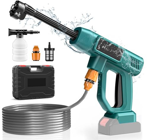 Nettoyeur Haute Pression sans Fil à Batterie 18 V, buse Multifonction 6 en 1, Max 970 PSI, Nettoyeur Haute Pression Portable sans Fil, avec Tuyau de 5 m, pour Lavage de Voiture (Batterie Non)
