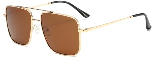 Long Keeper Polarisierte Pilotensonnenbrille für Damen Herren Retro Quadratische Fahrsonnenbrille 70er Jahre Doppelbrücke Leichte Sonnenbrille für Reisen Wandern (Gold Braun)