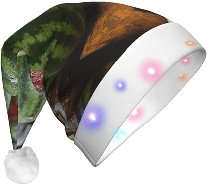 JZSTY LED Plush Santa Hat with Exquisite Melon Dewdrops print Soft Warmth Blinking Festival Party Decoration