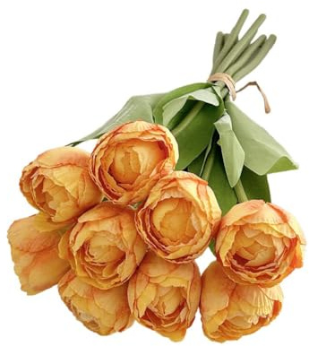Gettimore Bouquet di tulipani artificiali a 9 teste con bordi bruciati, fiori primaverili in seta per la decorazione di casa e matrimoni, decorazione per soggiorno e sala da pranzo, giallo e arancione