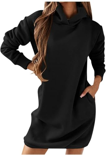 Långärmad huvtröja för kvinnor, oversize tröja, höst, vintertröja med huva, enfärgad tröja, minimalistisk streetwear stora storlekar, sweatklänning, huvtröja, klänning, svart, M