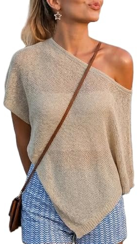 Djbdesi Women Knit Asymmetrical Poncho Beach Cover up Top Loose Summer See Through Lightweight off Shoulder Shawl