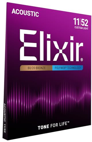 Elixir Strings, Acoustic Guitar Strings, 80/20 Bronze with POLYWEB Technology, Longest-Lasting Warm Tone with Comfortable Feel, 6 String Set, Custom Light 11-52