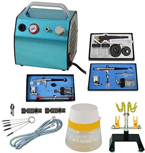 PROFI AIRBRUSH SET Beauty Hobby Maxx I mit sehr leisem Airbrush Kompressor, Airbrush Komplett Set mit 3 PISTOLEN, MANOMETER, HALTER, 3 in 1 CLEANING POT, 5 Stk. Reinigungsbürsten sowie Kleinzubehör