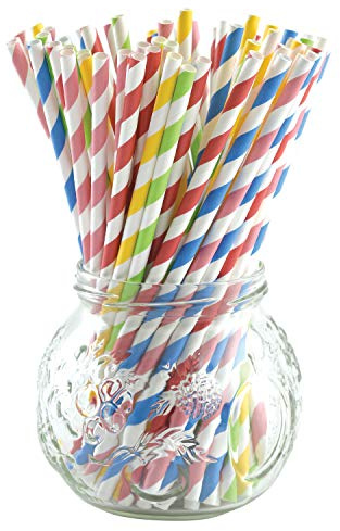 Norpro Paper Drinking Straws (100 Pack), 100% Biodegradable-Assorted Colors, Stripes