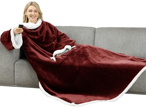 Winthome Double Warmer Wearable Blanket with Sleeves, Super Soft Sherpa Blanket for Adult Women Men (Wine Red)
