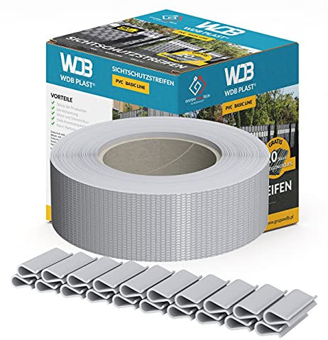 WDB - Sichtschutzstreifen für Doppelstabmatten Sichtschutz Zaun - 4,75 cm x 35 m + 20 Stück Befestigungsclips - PVC Windschutz Basic Line - Grau - RAL 7040