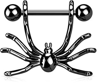 BlackAmazement Piercing para pezón de acero quirúrgico 316L, de araña, plateado, negro, gótico, para hombre, Acero inoxidable