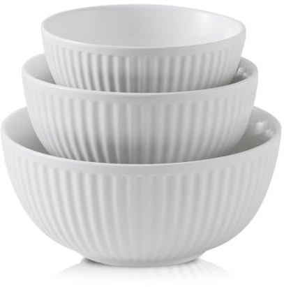 HASENSE Cuencos de cerámica acanalados blancos de 1.5/1/0.5 cuartos de galón para cocina, cocinar, hornear y servir ensaladas para pasta, cuencos pequeños para mezclar de 3, platos modernos que