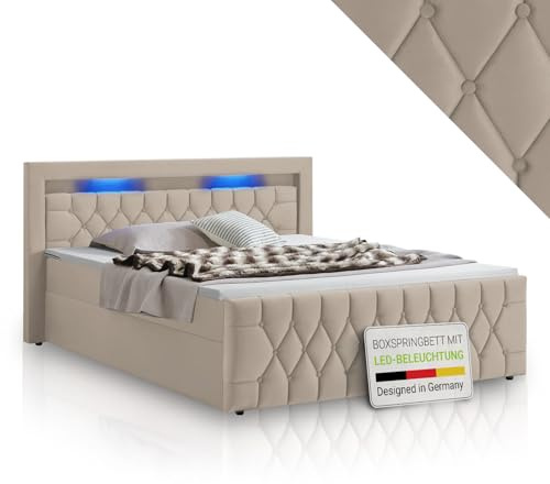 Juskys Boxspringbett Leona 140x200 cm - Bett mit LED Beleuchtung, Topper & H4 Federkern Matratzen - Einzelbett mit Samt und Steppung - Beige