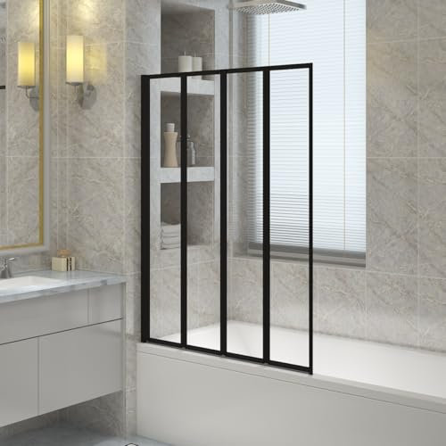 NRG 850 x 1400mm 4 Panel Folding Bath Screen Black Framed Bathroom Over Bath Screens